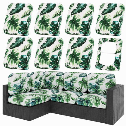 hyha Monstera Deliciosa cushion cover shows stretchy fabric for a snug outdoor fit