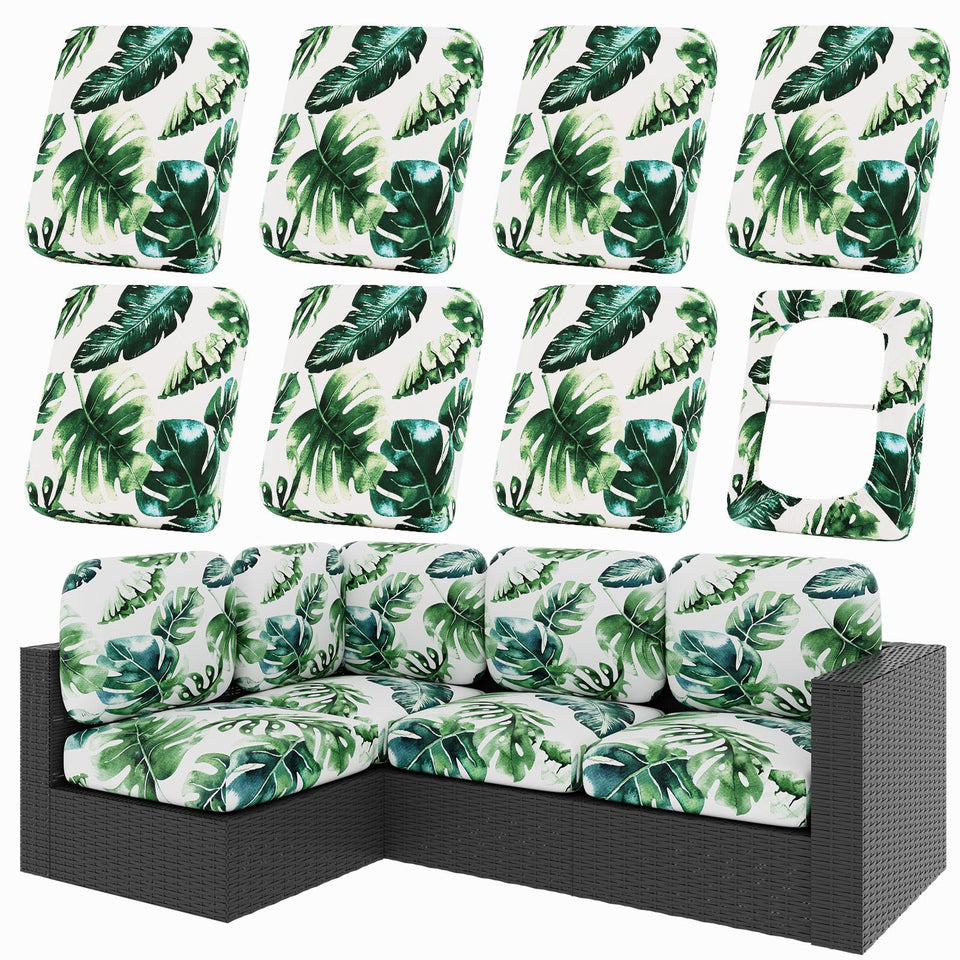 hyha Monstera Deliciosa cushion cover shows stretchy fabric for a snug outdoor fit
