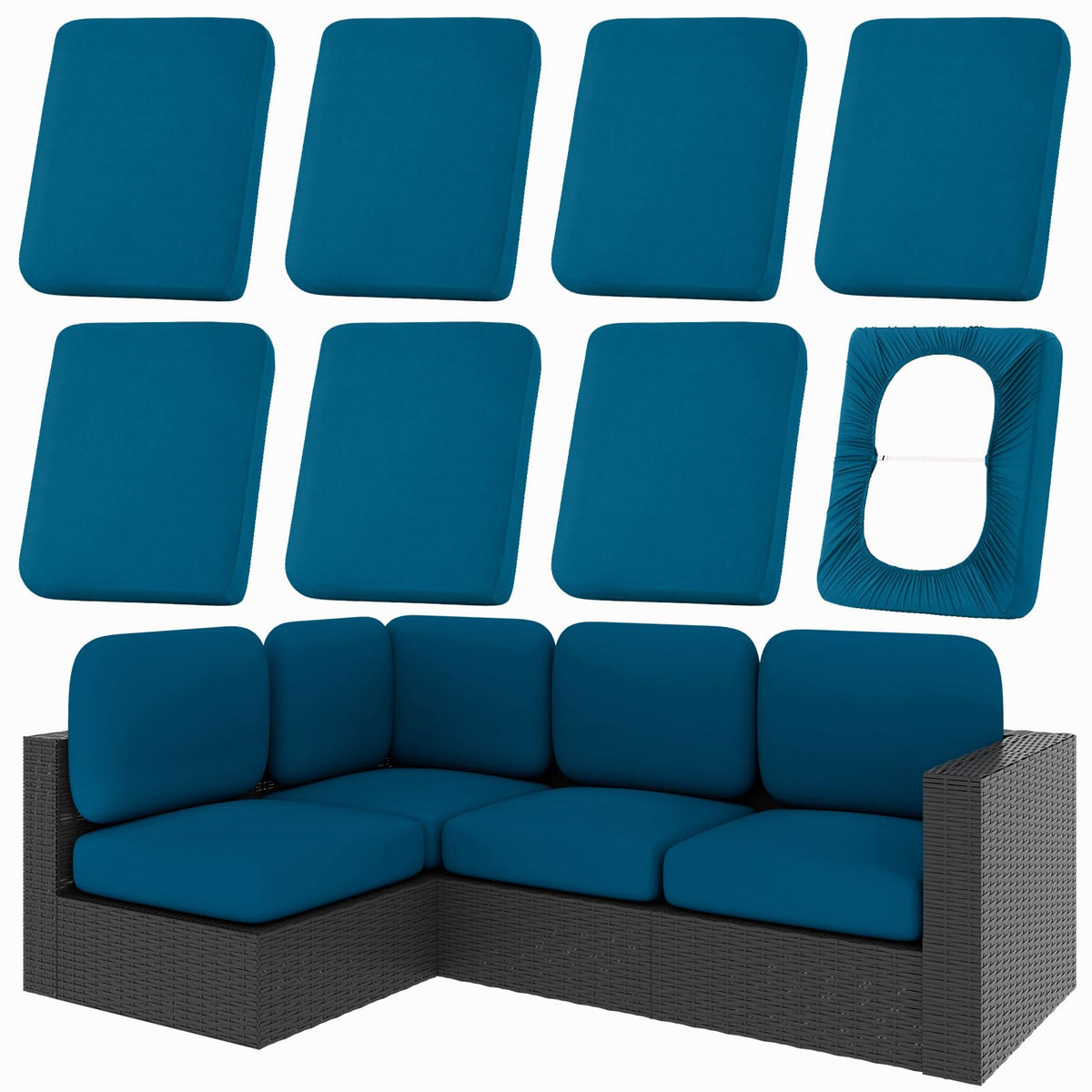 Hyha peacock blue cushion cover showing vibrant color and snug stretch fit.