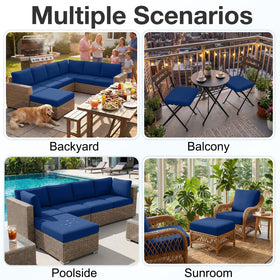 Hyha soft breathable cover provides comfortable lounging on navy chairs.
