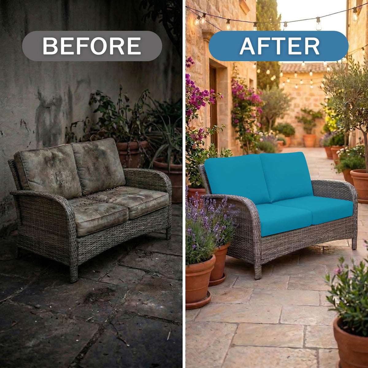 Hyha teal cushion cover installed on deck chairs for a refreshed look.