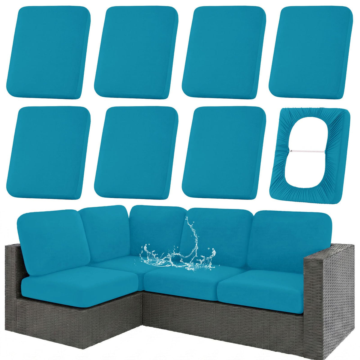 Hyha teal outdoor cushion cover with stretch-fit for a secure non-slip hold.