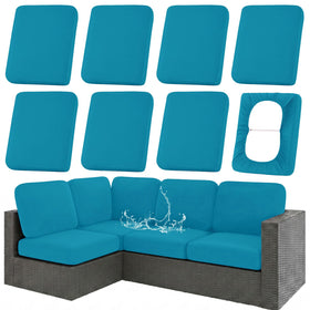 Hyha teal outdoor cushion cover with stretch-fit for a secure non-slip hold.