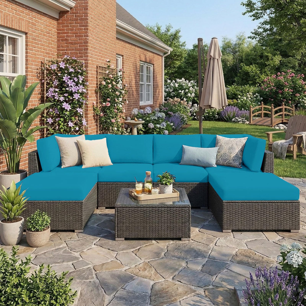 Hyha waterproof cushion cover in teal protecting cushions from rain and spills.