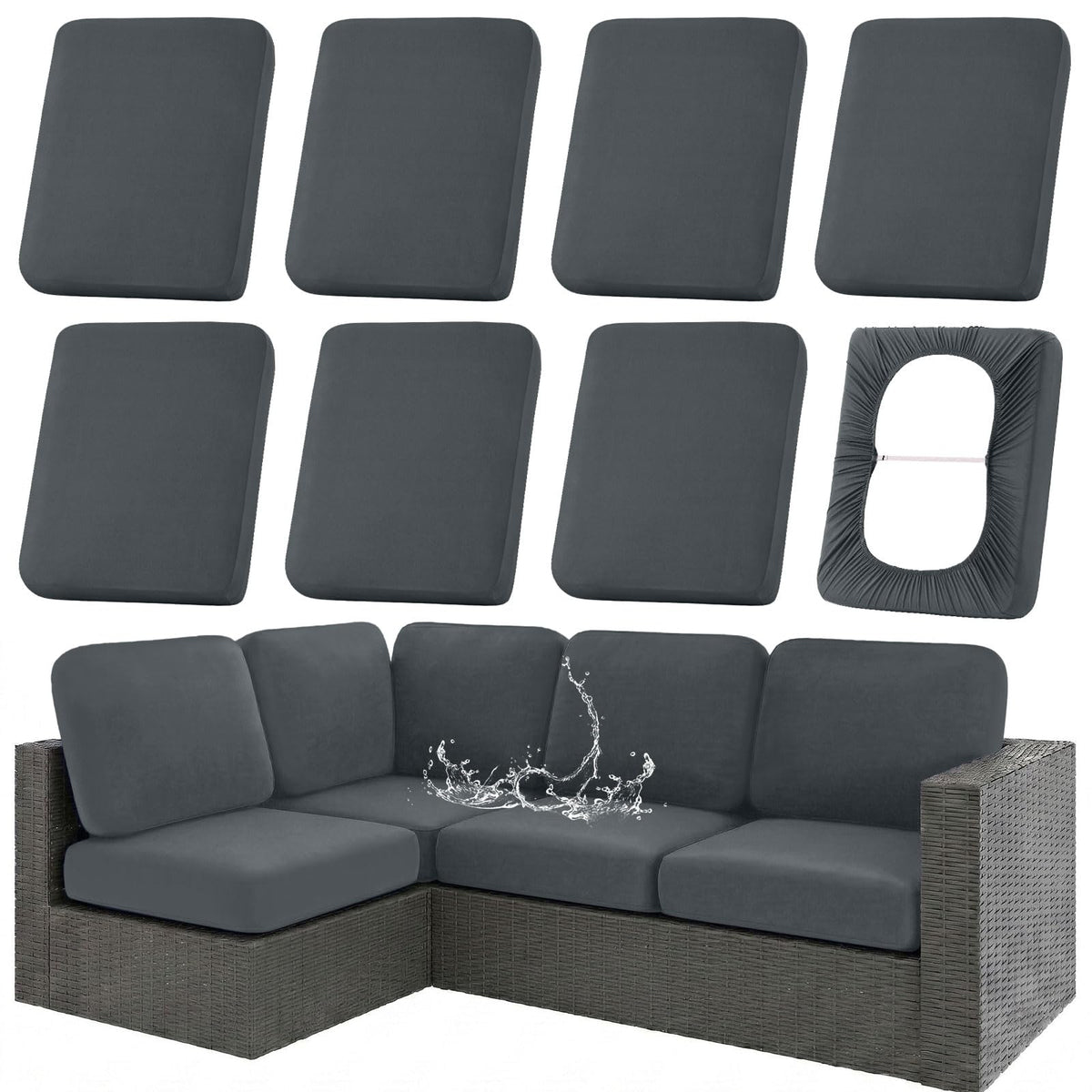 Hyha waterproof outdoor cushion cover in dark grey guards cushions from rain and spills.