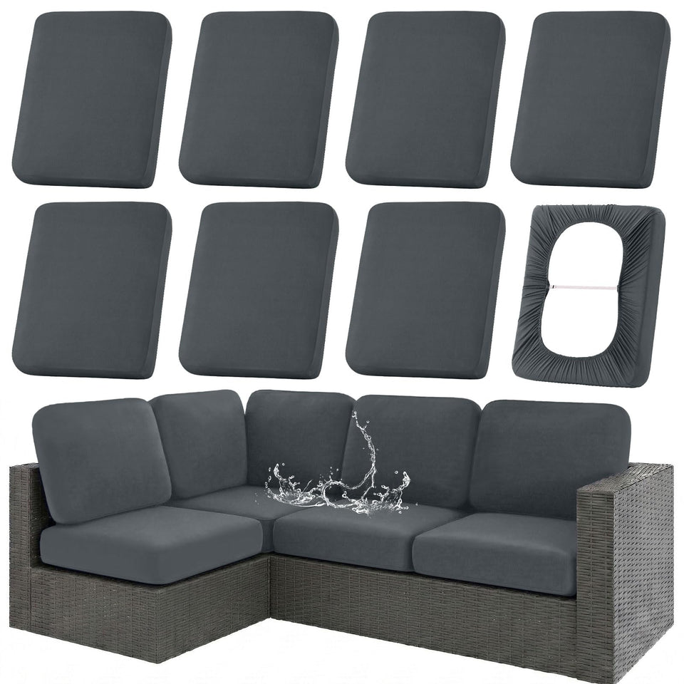 Hyha waterproof outdoor cushion cover in dark grey guards cushions from rain and spills.