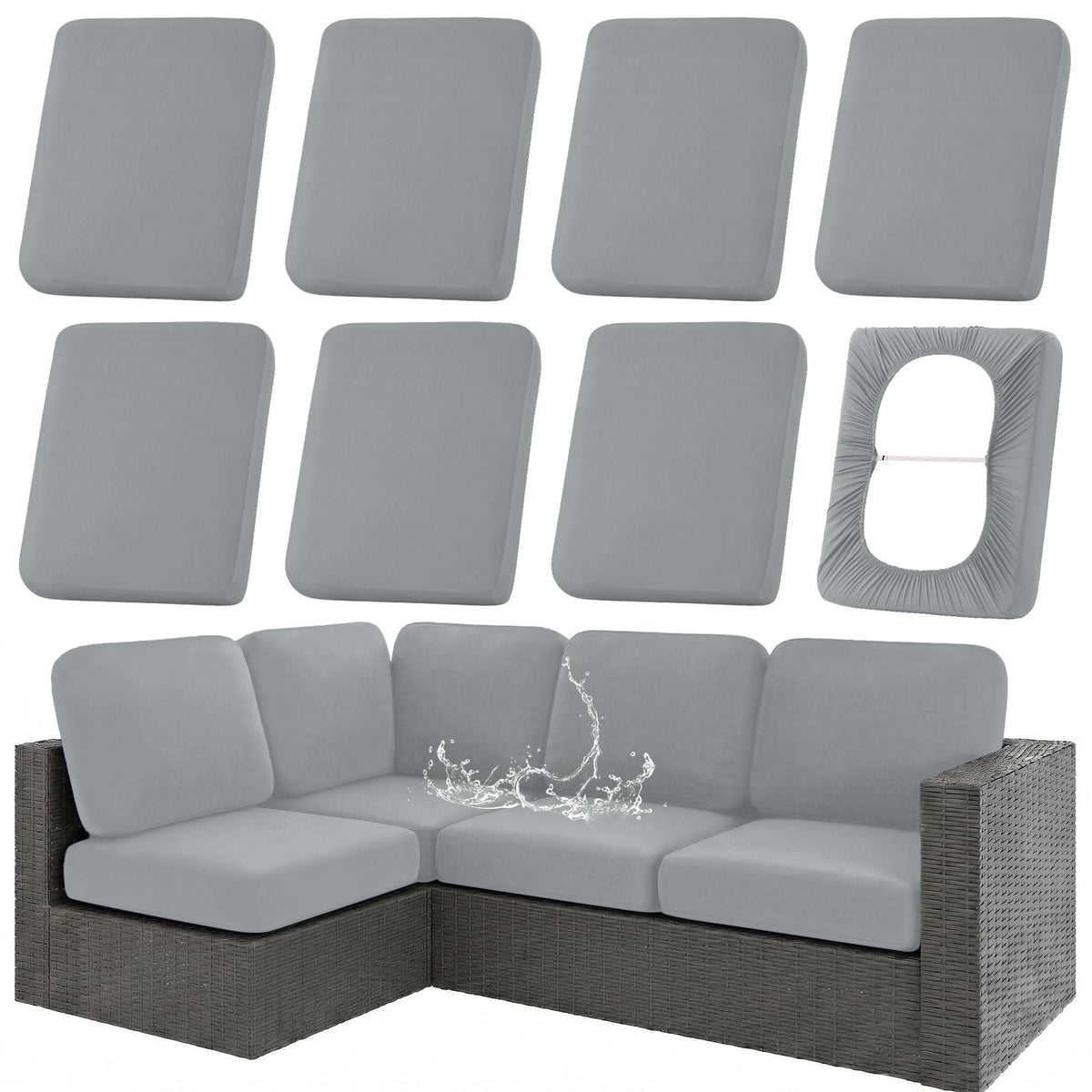 Hyha waterproof outdoor cushion cover in grey protects cushions from rain and spills.