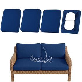 Hyha waterproof outdoor cushion cover in navy protects a 4-piece set from rain and stains.