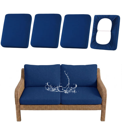 Hyha waterproof outdoor cushion cover in navy protects a 4-piece set from rain and stains.