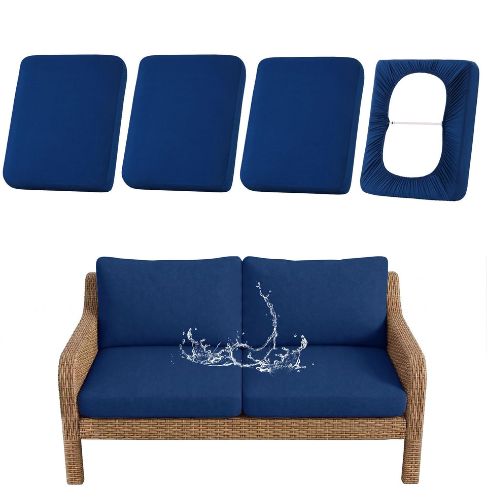 Hyha waterproof outdoor cushion cover in navy protects a 4-piece set from rain and stains.