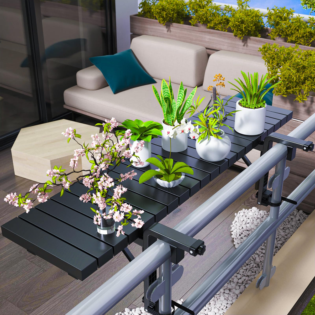 Hyperzoo balcony bar table heavy-duty frame supports drinks and snacks.