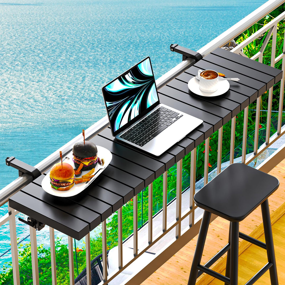 Hyperzoo balcony bar table rail-clip connection shows secure grip on railing.