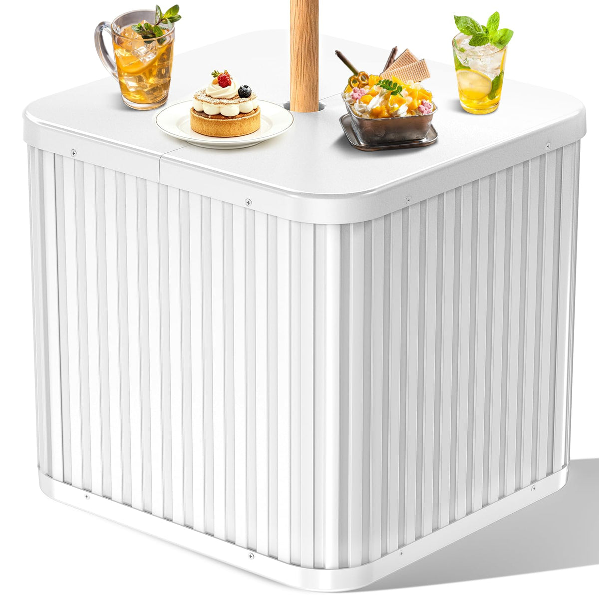 Hyperzoo umbrella side table on pool deck provides a convenient surface for drinks