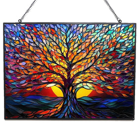 HYPESTYLE rectangle tree of life stained glass window suncatcher brightens sunlight in your home