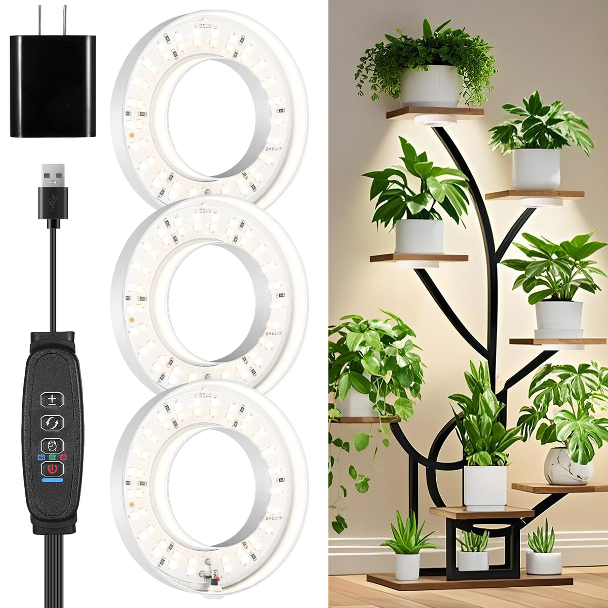 Hywyimlait 3-head halo ring ceiling light provides compact grow lighting for shelves.