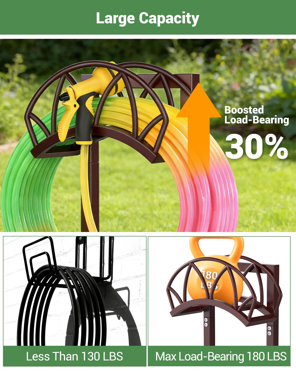 HZE freestanding hose holder base near a faucet for flexible placement.