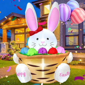 HZGDEJTG Easter bunny on flower basket with LED lights for outdoor décor.