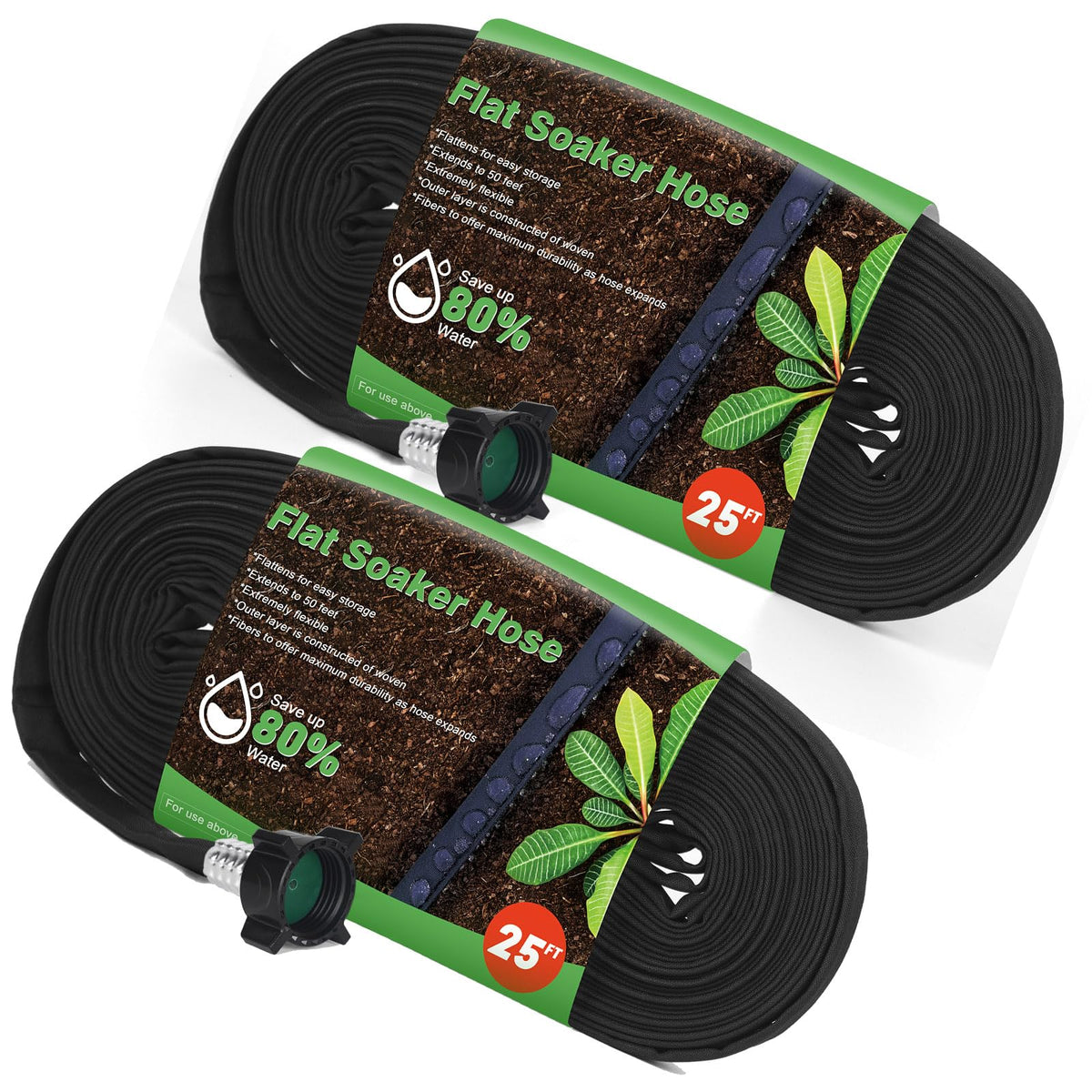HZGREEN flat soaker hose 50ft in two 25ft runs for efficient garden irrigation.
