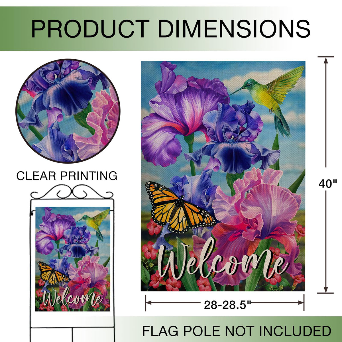 Hzppyz purple flower bird butterfly flag displays vibrant garden imagery.