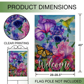 Hzppyz purple flower bird butterfly flag displays vibrant garden imagery.