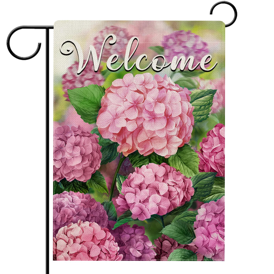 Hzppyz Welcome Spring Summer Hydrangea flag shows cheerful pink blossoms for outdoor charm.