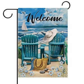 Hzppyz Welcome Summer Ocean Flag front view with floral accents for outdoor decor