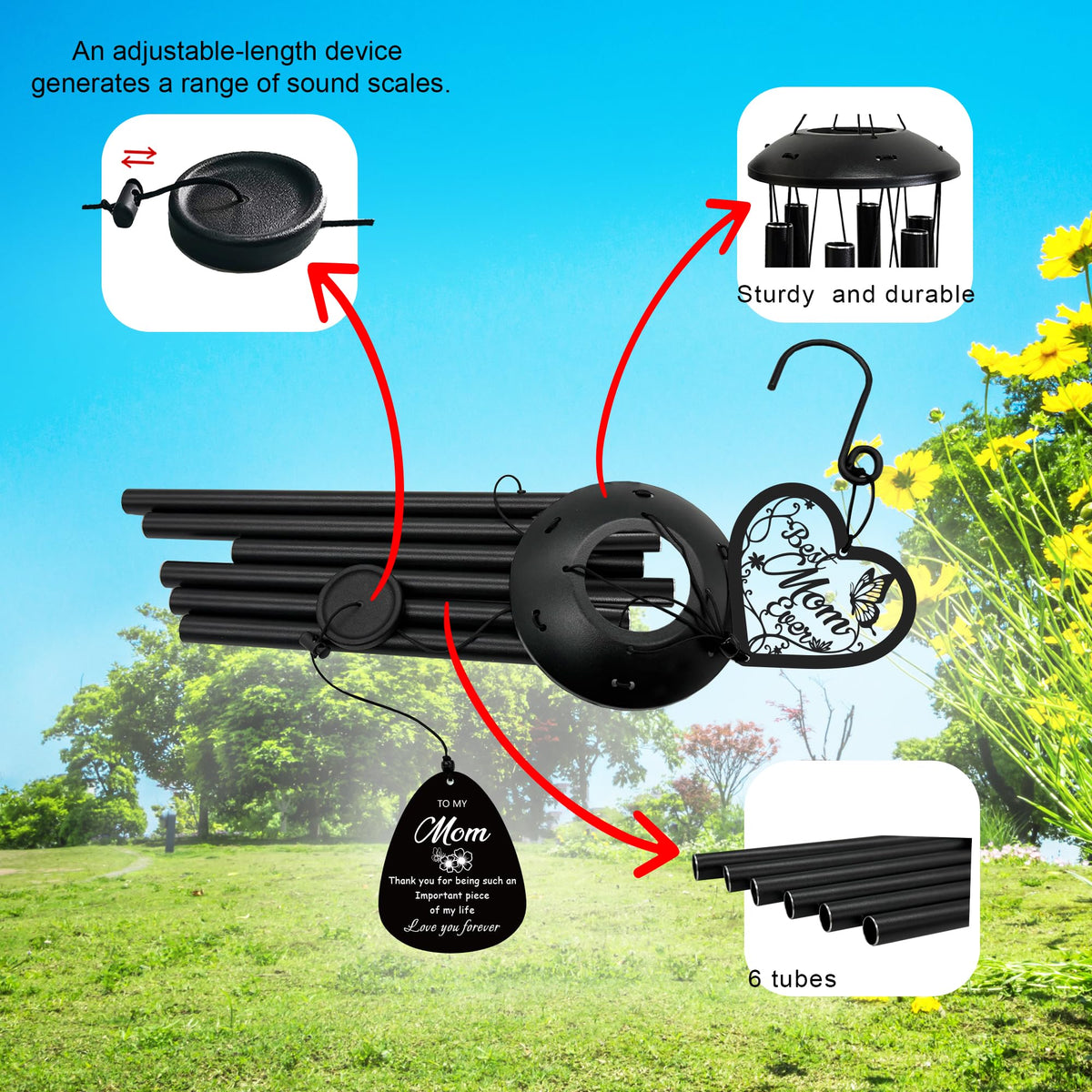 HZYCYYFC 37.8-inch sleek black wind chime for porch and garden decor