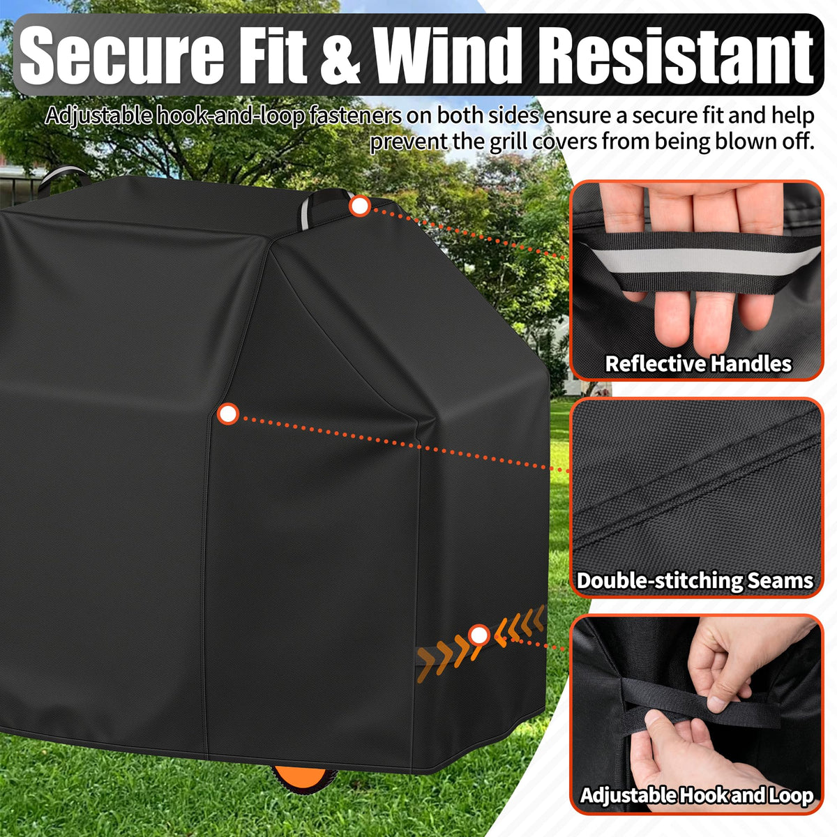 i COVER 65-inch grill cover adjustable straps secure a wind-resistant fit.