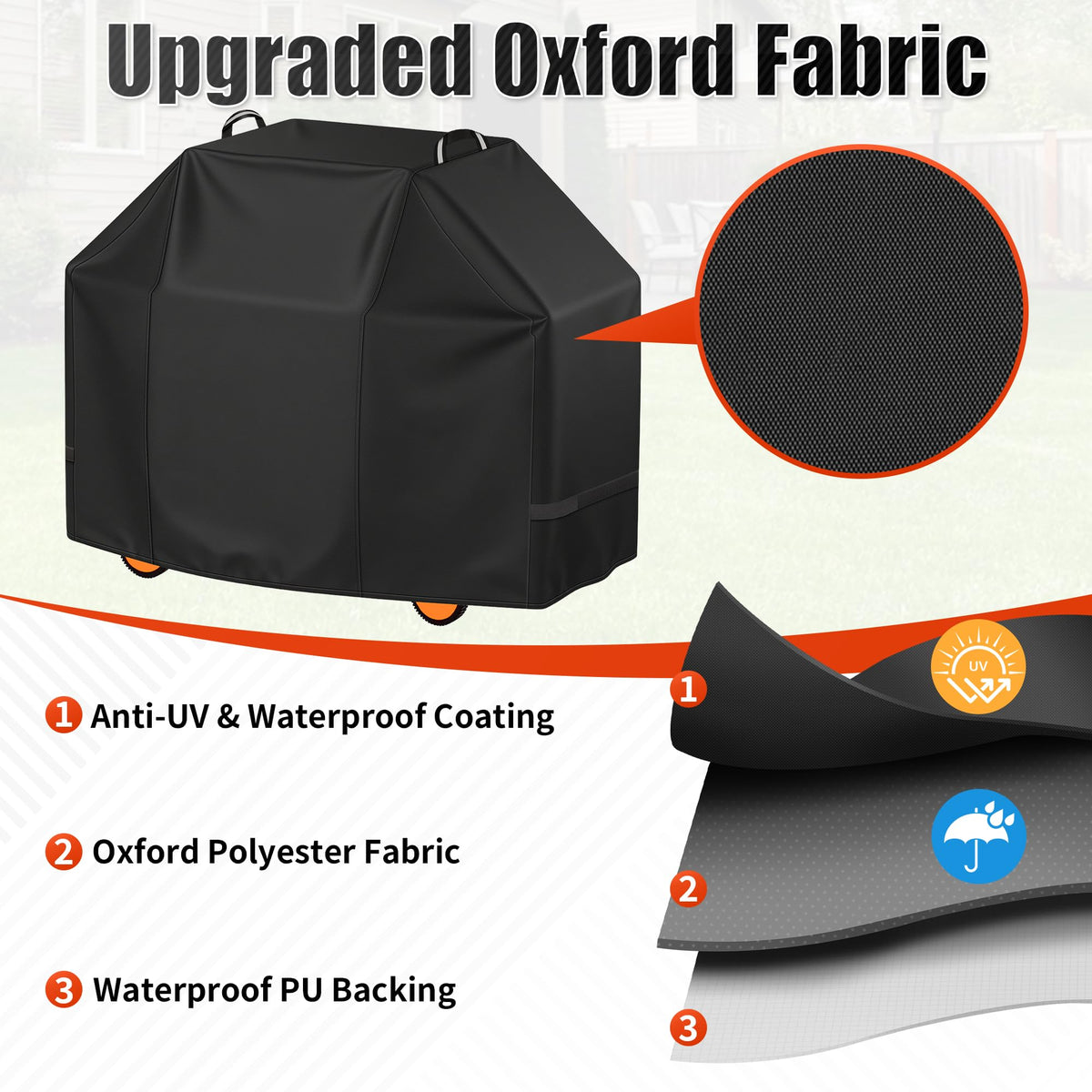 i COVER 65-inch grill cover side view keeps outdoor grills dry.