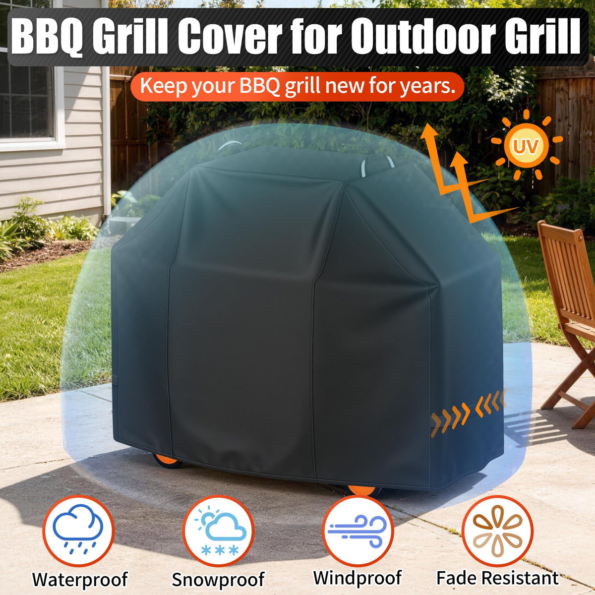 i COVER 65-inch grill cover UV-protected fabric resists sun fading.