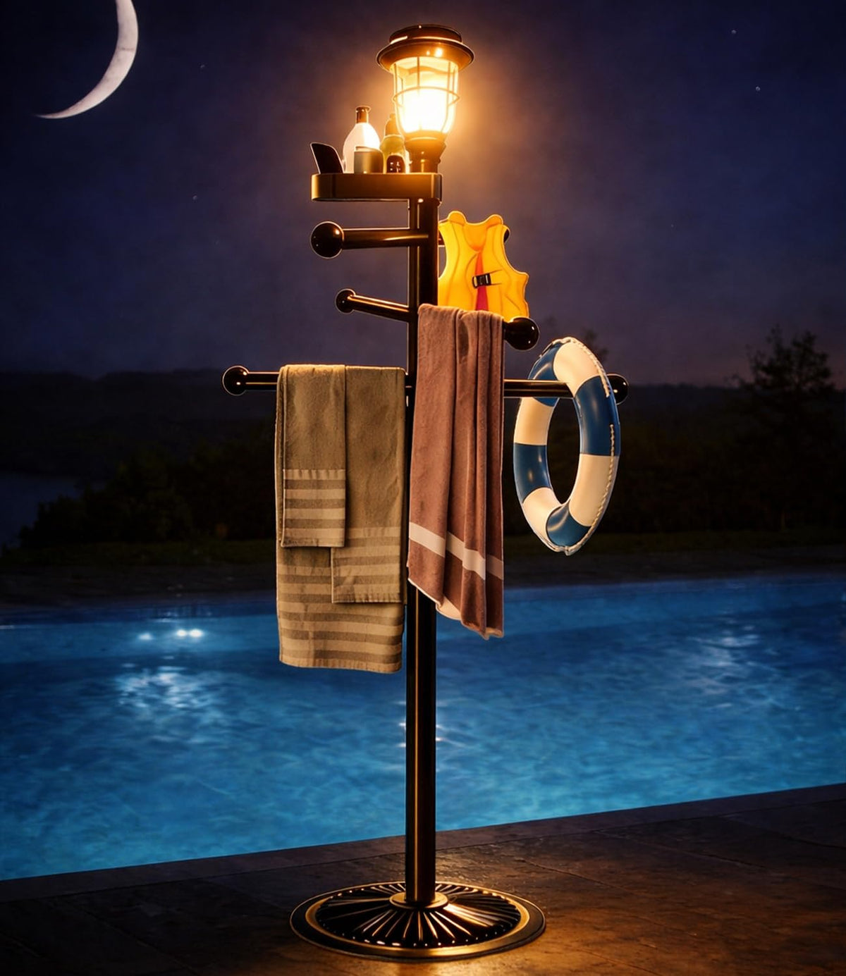 i365amz pool towel rack with solar light for night-time poolside towels
