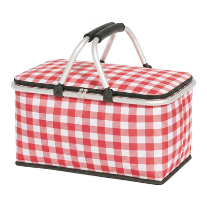IACTIVE insulated picnic basket with red grid lid protects meals outdoors.