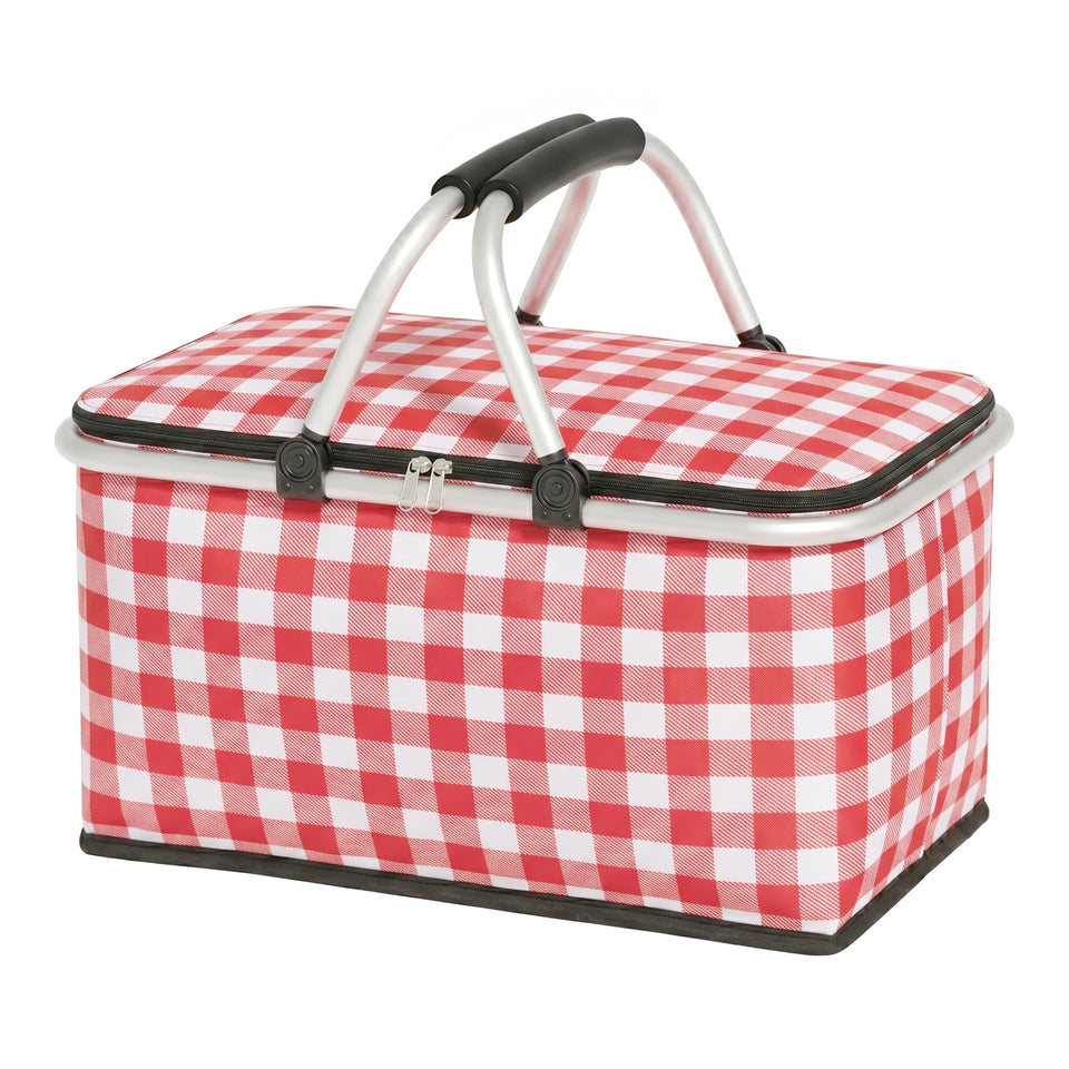 IACTIVE insulated picnic basket with red grid lid protects meals outdoors.