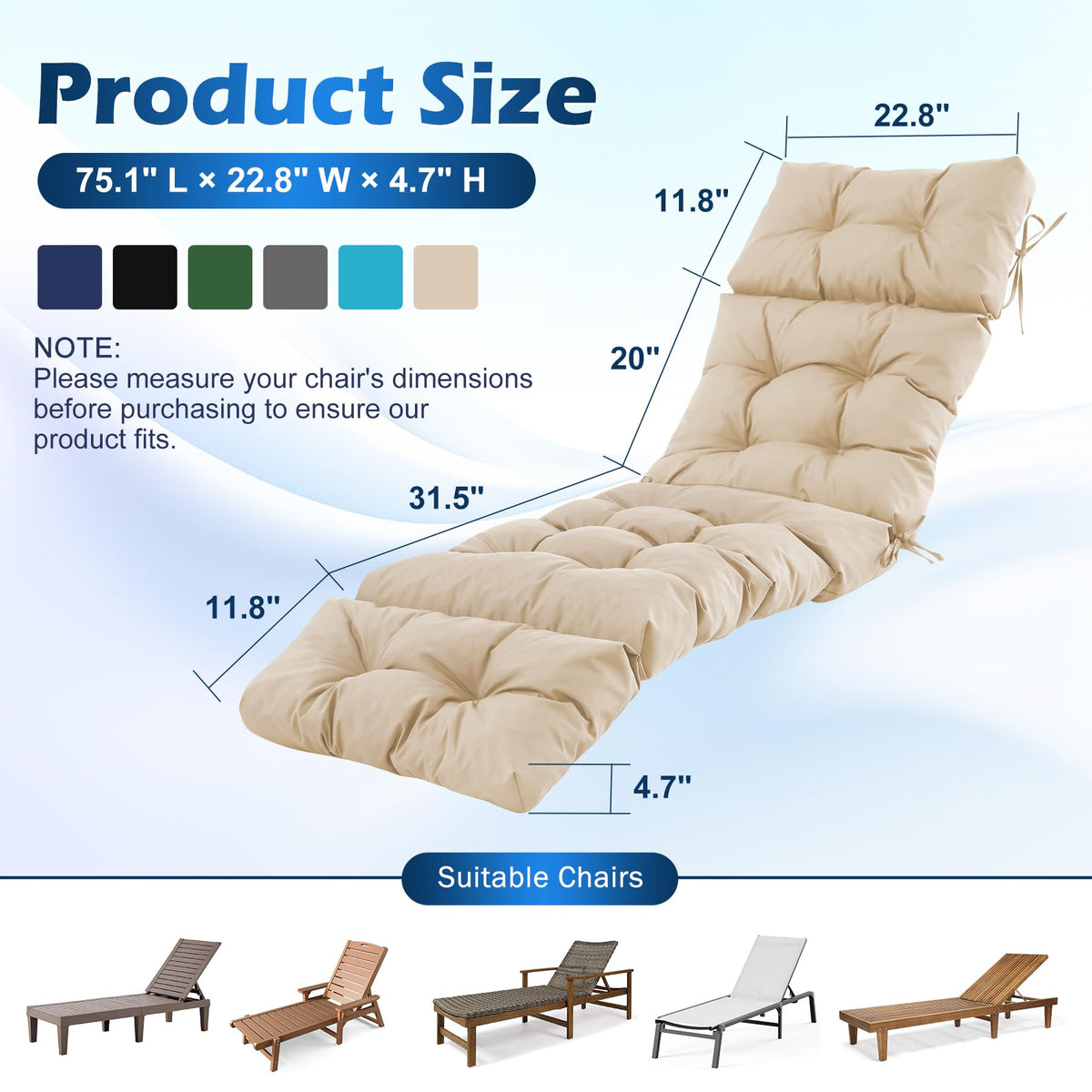 IASEAHK chaise lounge cushion fade-resistant beige maintains color under sun