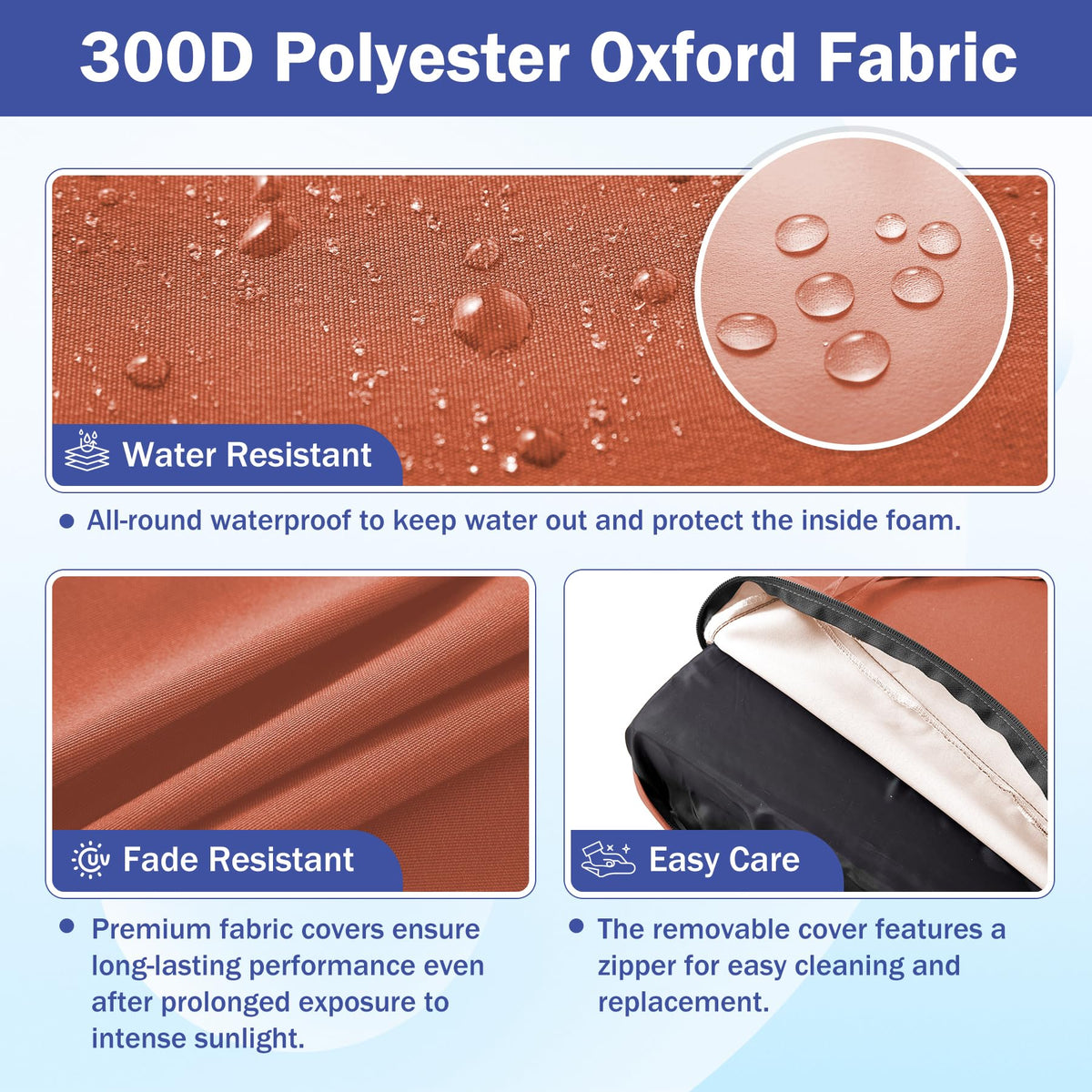 IASEAHK cushion fabric: heavy-duty Oxford designed to resist rain and sun fading.