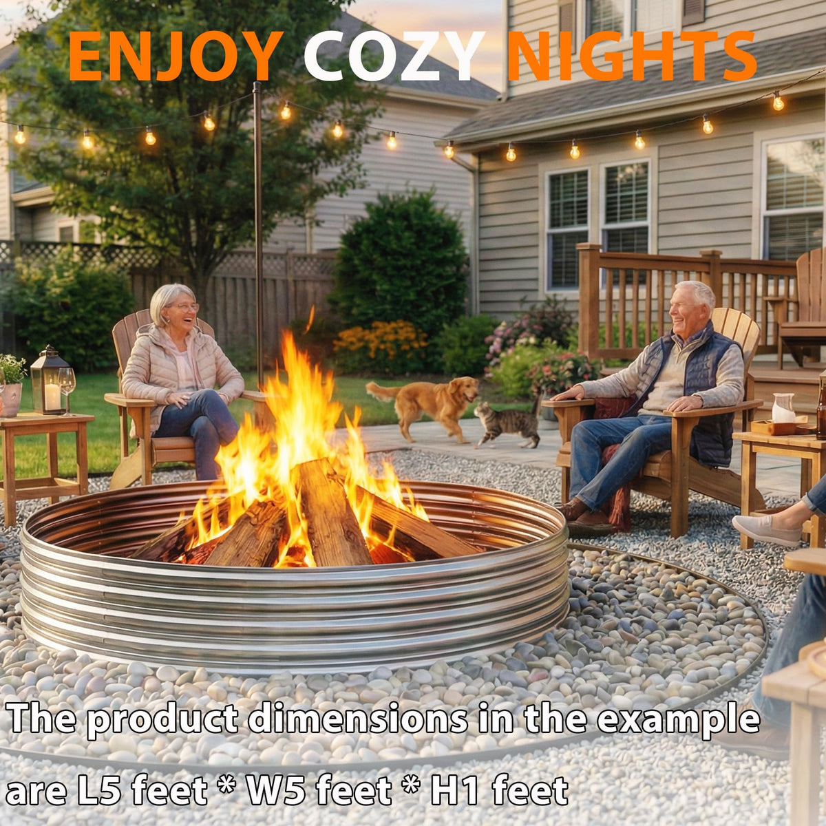 IBGUC fire pit ring creates backyard ambience with warm focal point.