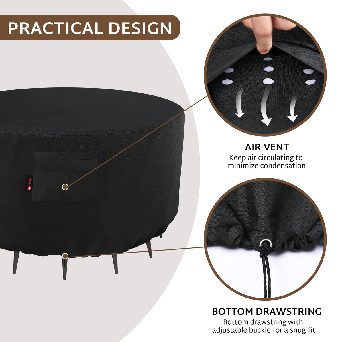 ibirdie fire pit cover features 600D canvas for long-lasting outdoor use