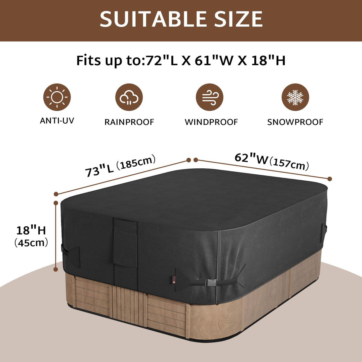 iBirdie hot tub cover 73x62 side view shows sturdy seams and secure fit