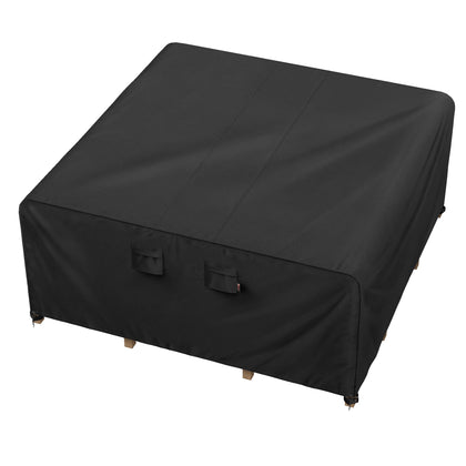 iBirdie 86x86 patio cover front view protects outdoor dining set from weather