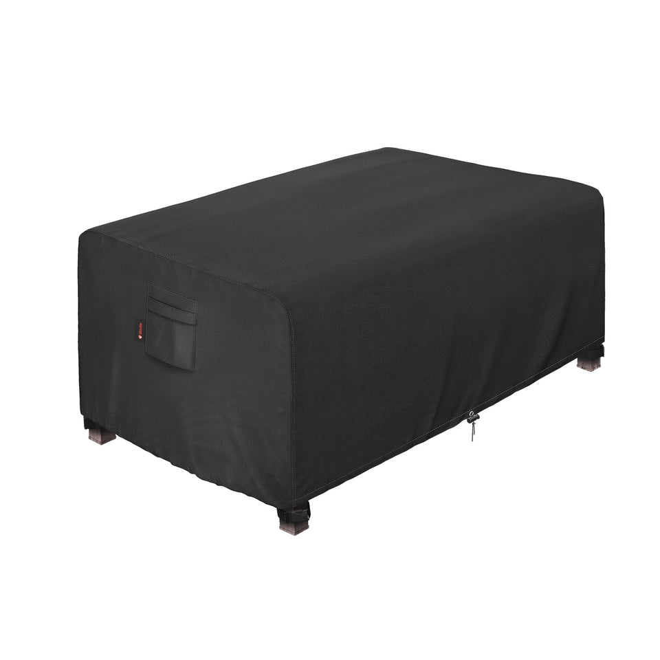 iBirdie rectangular fire pit cover front view protects a 44x26 inch table from rain