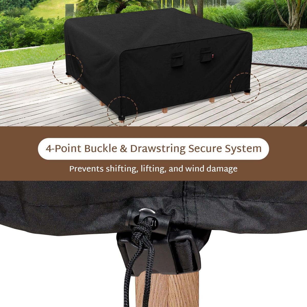 iBirdie windproof straps keep the cover in place in gusty conditions.
