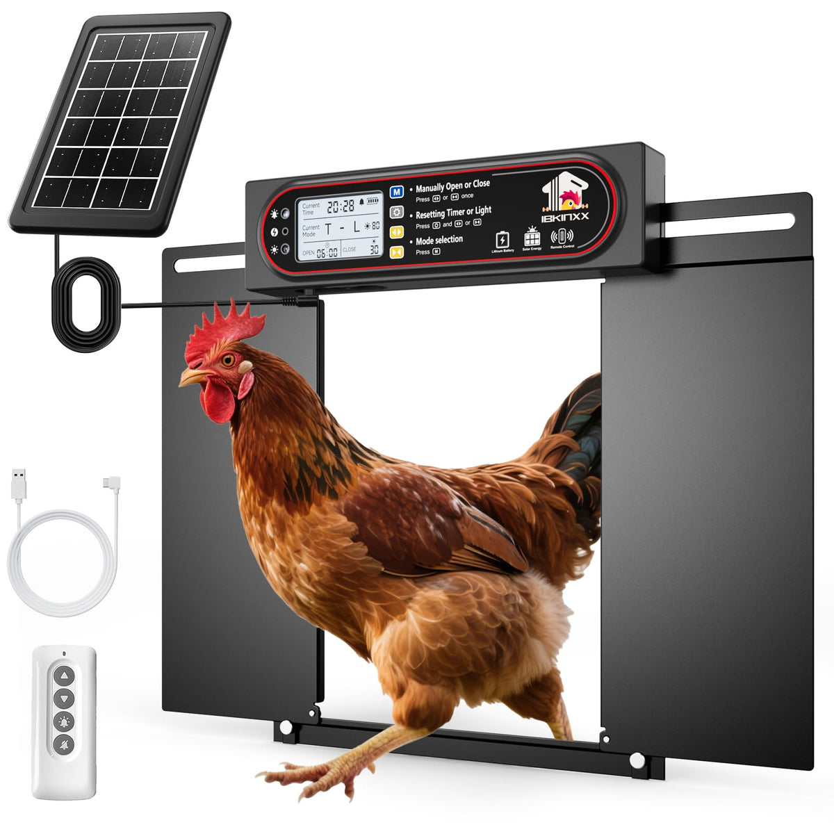 IBKINXX coop door with horizontal opening shows space-saving design for low-roof coops.