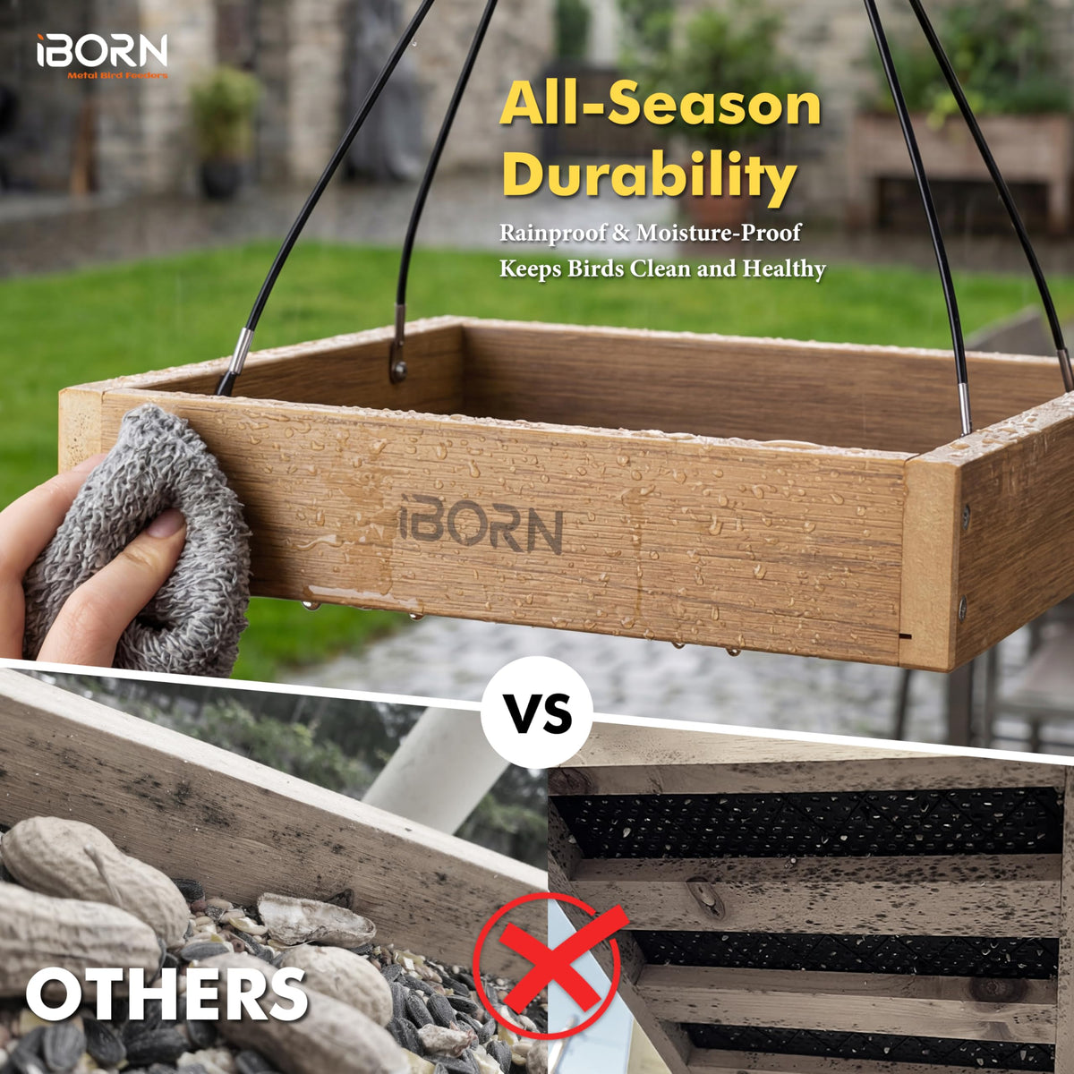 iBorn 3 lb capacity keeps seeds available for many birds at once.