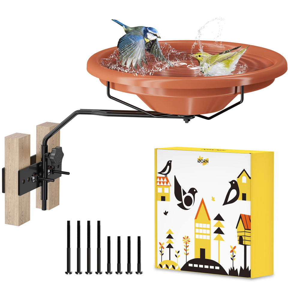 iBorn fence-mounted 12in bird bath bowl ready for birds to splash and drink.