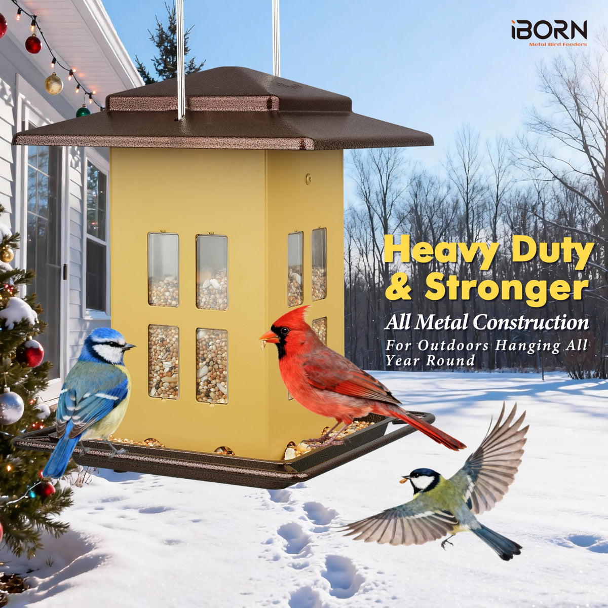iBorn heavy-duty metal shell keeps birds feeding during wind and rain.
