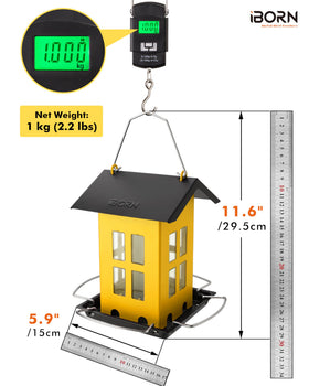 iBorn Bird Feeder House side view highlights balanced hanger for wind resistance