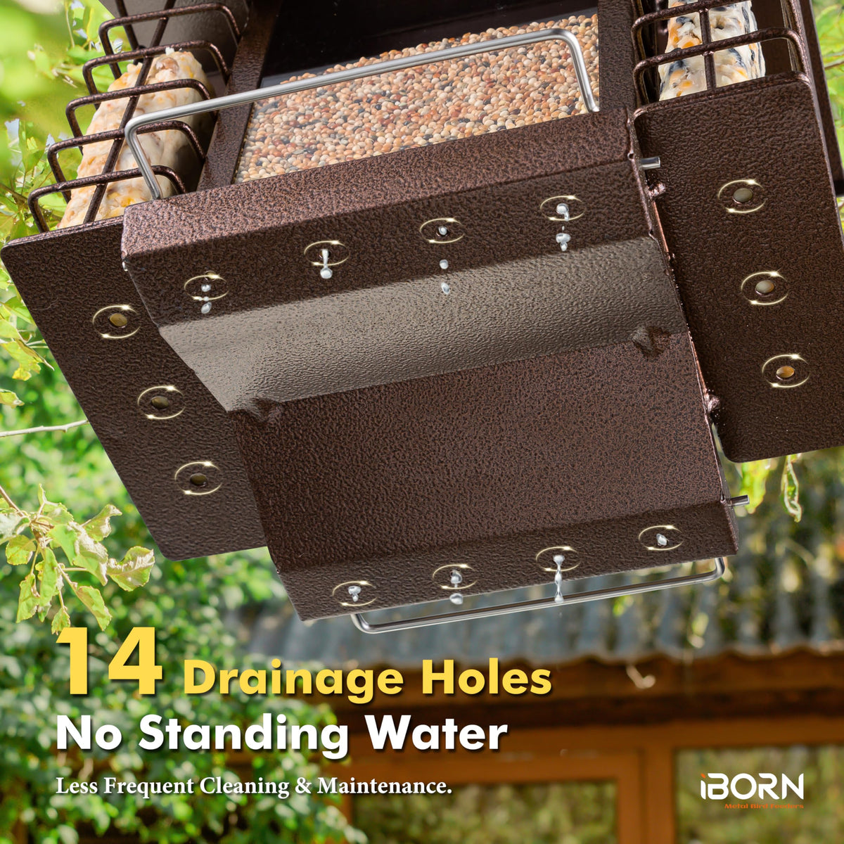 iBorn fixed metal hanger keeps the feeder steady in windy conditions.