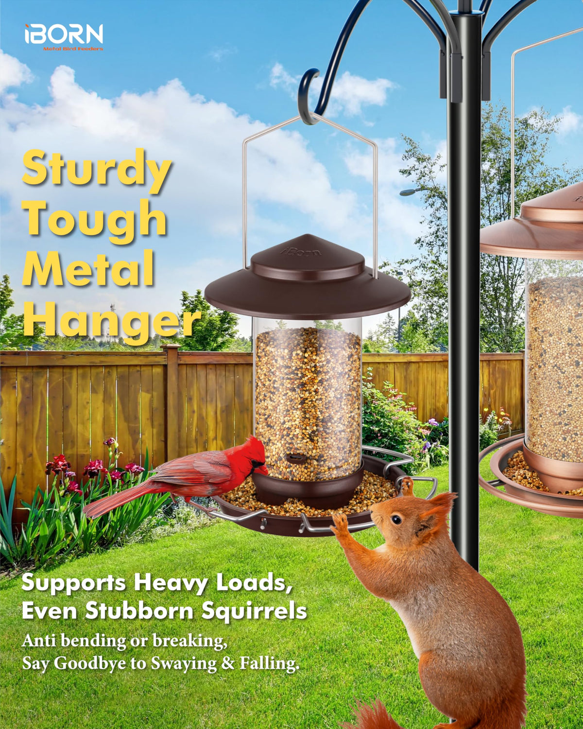 iBorn Bird Feeder metal roof and fixed hanger for weather-resistant outdoor use