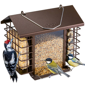 iBorn outdoor bird feeder with double suet holders attracting birds while protecting food.