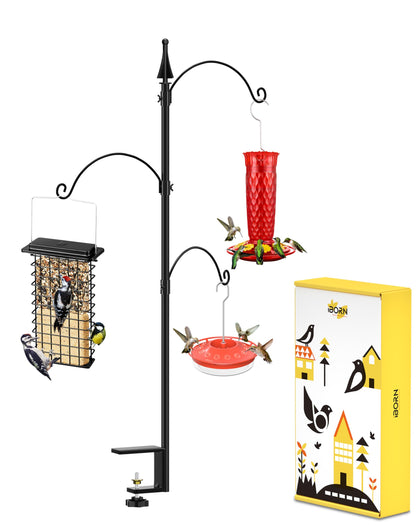 iBorn bird feeder pole on a deck rail with three hooks for stable hanging.